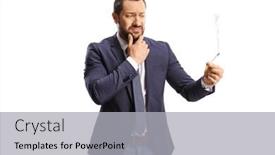  Presentation with cigarette - PPT theme with doubtful-man-holding-a-cigarette background and a light gray colored foreground