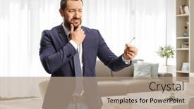  Presentation with cigarette - PPT layouts with doubtful-young-man-holding background and a coral colored foreground