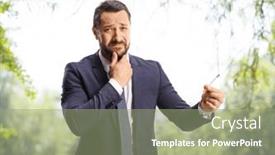  Presentation with cigarette - PPT theme featuring doubtful-young-man-holding background and a  colored foreground