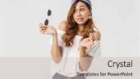  Presentation with isolated paw prints over white - Beautiful PPT theme featuring hesitation - portrait of stylish indecisive woman backdrop and a light gray colored foreground