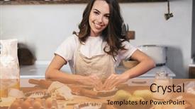  Presentation with young woman wearing boxer gloves - Cool new PPT theme with dough for an apple pie backdrop and a  colored foreground