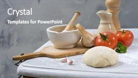  Presentation with oregano - Beautiful PPT theme featuring dough mortar and pestle olive oil tomatoes oregano and garlic backdrop and a gray colored foreground