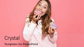  Presentation with donuts pink - PPT theme consisting of doughnut - portrait of a happy young background and a coral colored foreground
