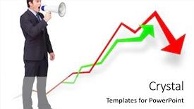  Presentation with medical procedure simulation using blood - Beautiful slides featuring down trend sign - handsome businessman using a megaphone backdrop and a white colored foreground