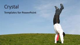  Presentation with luxury fashion outdoors - PPT theme with down business - businessman doing handstand outdoors background and a light blue colored foreground