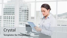  Presentation with bright - Colorful slide set enhanced with down business - serious young businesswoman using table backdrop and a  colored foreground