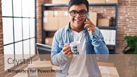  Presentation with ecommerce - Presentation theme consisting of down-syndrome-man-ecommerce-business background and a coral colored foreground