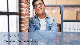  Presentation with down syndrome - PPT theme having down-syndrome-man-ecommerce-business background and a light blue colored foreground