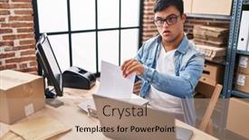  Presentation with dental down syndrome - Theme having down-syndrome-man-ecommerce-business background and a coral colored foreground