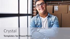  Presentation with ecommerce - Slides featuring down-syndrome-man-ecommerce-business background and a light gray colored foreground