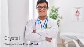  Presentation with down syndrome - Presentation design featuring down-syndrome-man-wearing-doctor background and a light gray colored foreground
