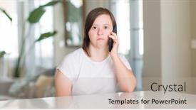  Presentation with smart home - Theme enhanced with down syndrome woman at home using smartphone with a confident expression on smart face thinking serious background and a mint green colored foreground