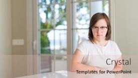  Presentation with smart home - Theme having down syndrome woman at home with a confident expression on smart face thinking serious background and a lemonade colored foreground