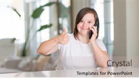  Presentation with fingers - Theme enhanced with down syndrome woman at home using smartphone happy with big smile doing ok sign thumb up with fingers excellent sign background and a soft green colored foreground