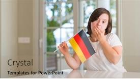  Presentation with shame - Cool new PPT theme with down syndrome woman at home holding flag of germany cover mouth with hand shocked with shame for mistake expression of fear scared in silence secret concept backdrop and a coral colored foreground