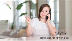  Presentation with down syndrome - Beautiful PPT layouts featuring down syndrome woman at home using smartphone very happy pointing with hand and finger to the side backdrop and a soft green colored foreground