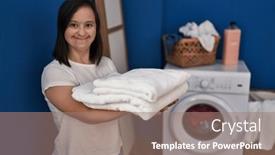  Presentation with laundry room - PPT layouts with down-syndrome-woman-smiling-confident background and a coral colored foreground