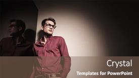  Presentation with hands down - Colorful slide set enhanced with down view of a young casual business man looking away while leaning on a wall with his hands in pockets backdrop and a violet colored foreground