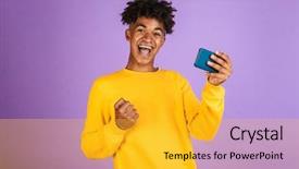  Presentation with man holding phone - Amazing slide deck having download - portrait of a happy young backdrop and a gold colored foreground