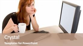  Presentation with coffee - Amazing presentation having downtime - beautiful redhead businesswoman having backdrop and a coral colored foreground