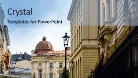  Presentation with street - Slide set consisting of downtown in bucharest romanian background and a light blue colored foreground