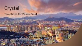  Presentation with korea - Beautiful PPT theme featuring downtown seoul south korea backdrop and a coral colored foreground