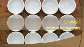  Presentation with wood rustic - Amazing presentation design having dozen of empty white ceramic tasting bowls against rustic wood backdrop and a tawny brown colored foreground