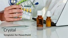  Presentation with prescription drugs - PPT theme featuring dpharmaceutical drugs - doctor issues a prescription background and a light gray colored foreground