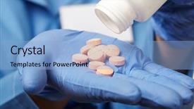  Presentation with bottle - PPT layouts enhanced with dpharmaceutical drugs - hand holding bottle of pills background and a light blue colored foreground