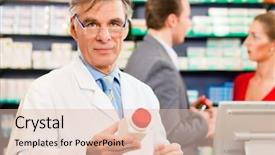  Presentation with pharmaceuticals - PPT theme featuring dpharmaceutical drugs - pharmacist with customers in pharmacy background and a  colored foreground