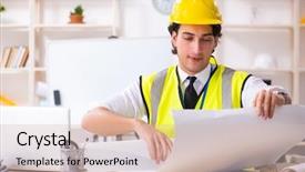  Presentation with construction - Slide deck featuring drafting paper - male construction engineer working background and a lemonade colored foreground