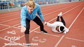  Presentation with racing - PPT theme featuring drag racing - dragging female towards finishing line background and a coral colored foreground