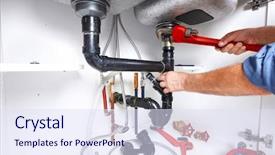  Presentation with clogged - Presentation theme having drain - hands of professional plumber background and a sky blue colored foreground
