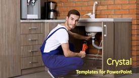  Presentation with plumber - PPT theme enhanced with drain - handsome young plumber repairing sink background and a tawny brown colored foreground