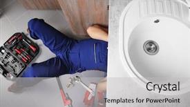  Presentation with pipes - Beautiful presentation theme featuring drain - male plumber repairing sink pipes backdrop and a light gray colored foreground
