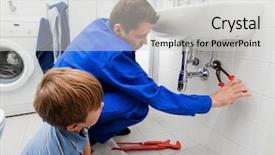  Presentation with drain - PPT theme featuring drain - plumber repairing a broken sink background and a light gray colored foreground
