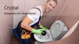  Presentation with plumber - Cool new PPT theme with drain - plumber repairing toilet with hand backdrop and a coral colored foreground