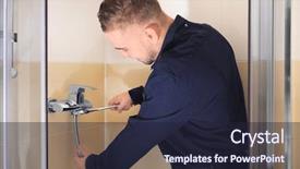  Presentation with plumber - Colorful presentation enhanced with drain - professional male plumber fixing shower backdrop and a wine colored foreground