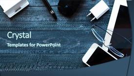  Presentation with dock - PPT layouts enhanced with dramatic and dark light filtered office desktop with a lot of objects including a smartphone a tablet a mouse eyeglasses a dock and more background and a ocean colored foreground