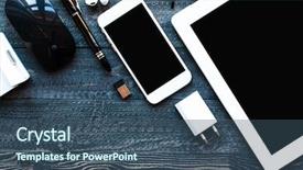  Presentation with dock - Slide deck enhanced with dramatic and dark light filtered office desktop with a lot of objects including a smartphone a tablet a mouse eyeglasses a dock and more background and a ocean colored foreground