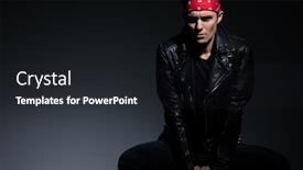  Presentation with red grey - Beautiful presentation design featuring dramatic cool guy wearing leather jacket and red bandana holding hands on chair sitting on grey background in studio backdrop and a dark gray colored foreground