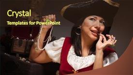  Presentation with pirate - Theme having dramatic female pirate biting a coin in a dimly lit moody scene background and a wine colored foreground