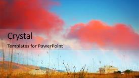  Presentation with village - Audience pleasing presentation theme consisting of dramatic sunset in the mountain village backdrop and a coral colored foreground