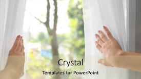  Presentation with curtain opening - Slide deck featuring drapes - woman opening beautiful white curtains background and a soft green colored foreground