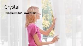  Presentation with curtains - Slides consisting of drapes - young woman opening silk curtains background and a light gray colored foreground