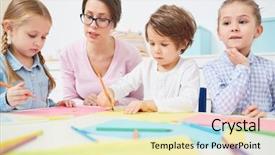  Presentation with draw kids - Beautiful slide set featuring draw with crayons in elementary backdrop and a soft green colored foreground