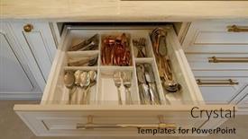  Presentation with kitchen cabinet - Amazing presentation design having drawer-with-silverware backdrop and a coral colored foreground