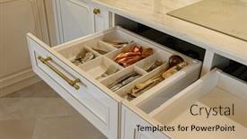  Presentation with kitchen cabinet - Colorful PPT theme enhanced with drawer-with-silverware backdrop and a coral colored foreground