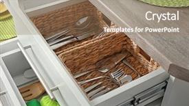  Presentation with safety in kitchen - Theme having drawers with cutlery on kitchen background and a  colored foreground