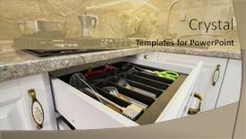  Presentation with kitchen furniture - Slide set enhanced with drawers-with-kitchen-utensils background and a coral colored foreground